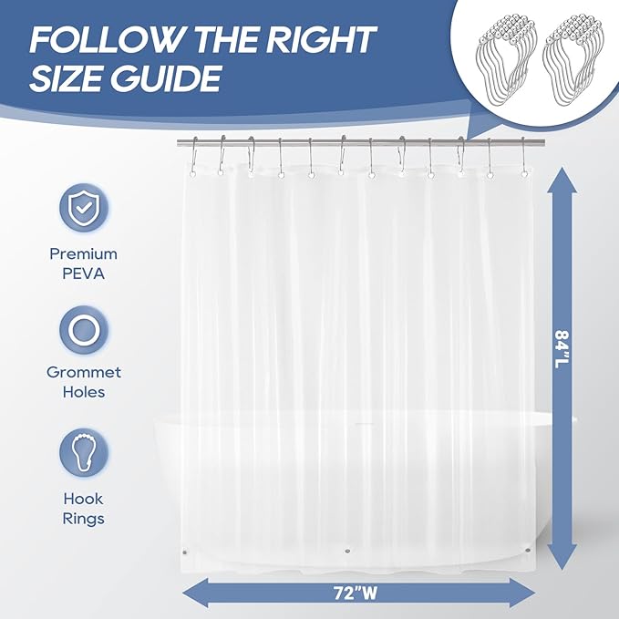 downluxe Clear Shower Curtain Liner with Hooks, PEVA Plastic Shower Liner, 72" W x 84" L Waterproof Lightweight Bathroom Curtain(12 Hooks, 1PC)