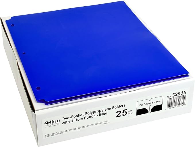 C-Line Two-Pocket Heavyweight Poly Portfolio Folder, 3-Hole Punch, 11 X 8.5, Blue, 25/Box