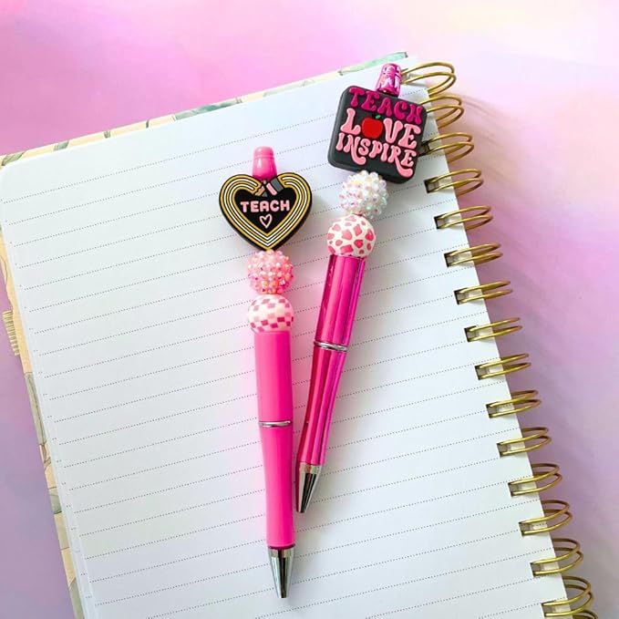 8PC Teacher Beaded Pens Ballpoint Black Pen Set Assorted Cute Stylish Colorful Writing Kit Office Supply Bulk Accessory Pack Gift Bundle Stationery Supplies for Women Teach Love Inspire Appreciation