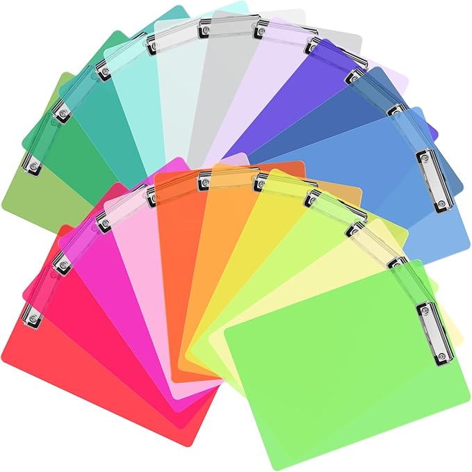 20 Pcs Plastic Clipboards Bulk 20 Assorted Colors 12.5 x 9 In Clear Colored Clip Board Standard A4 Letter Size Low Profile Clipboard Portable for Classroom Office Supplies Students Back to School