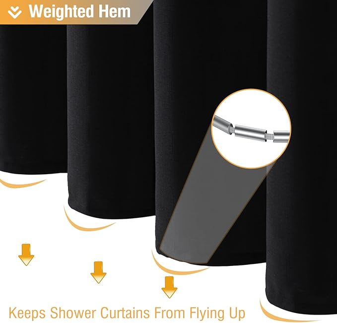 BTTN Black Fabric Shower Curtain - Linen Textured Heavy Duty Cloth Shower Curtain Set with 12 Plastic Hooks, Rust Resistant, Machine Washable, Simple Hotel Spa Luxury Bath Curtains for Bathroom, 72x72