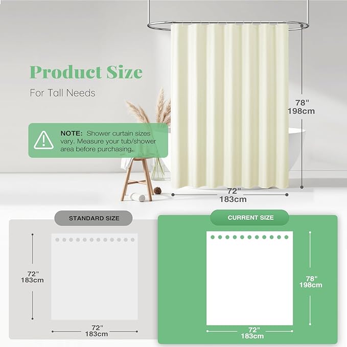 Dynamene Long Fabric Shower Curtain - Waffle Textured Tall Heavy Duty Cloth Shower Curtains for Bathroom, 256GSM Large Hotel Luxury Bath Curtain Set with 12 Plastic Hooks,72Wx78H, Cream/Ivory