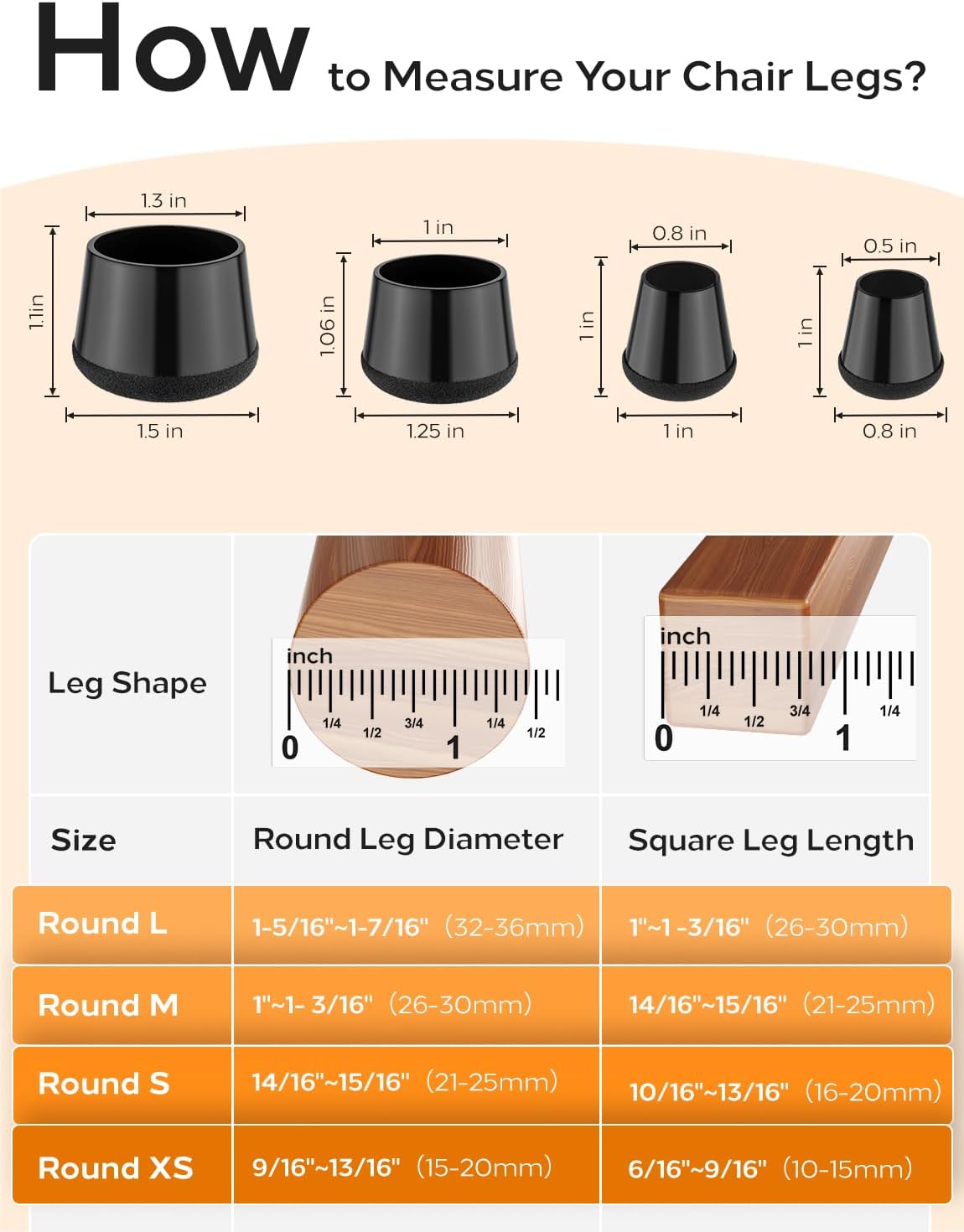 24-Pack Silicone Chair Leg Floor Protectors for Hardwood Floors -Felt Furniture Pads, Rubber Chair Leg Covers/Caps - No Noise & Scratch-Proof - Round Large (Fits 1 5/16"-1 7/16" / 32-36mm), Black