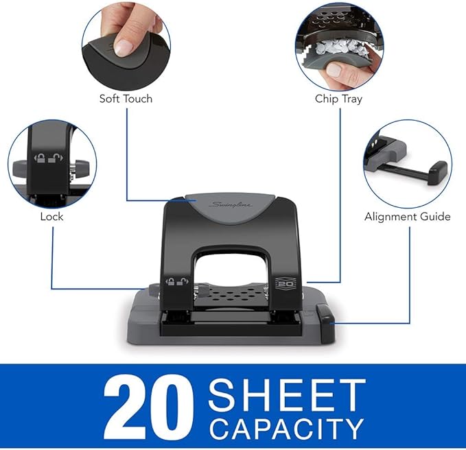 Swingline 2 Hole Punch, Hole Puncher, SmartTouch with Edge Guide, 20 Sheet Punch Capacity, Low Force Required, Black/Gray, 6 Pack (74135CS)