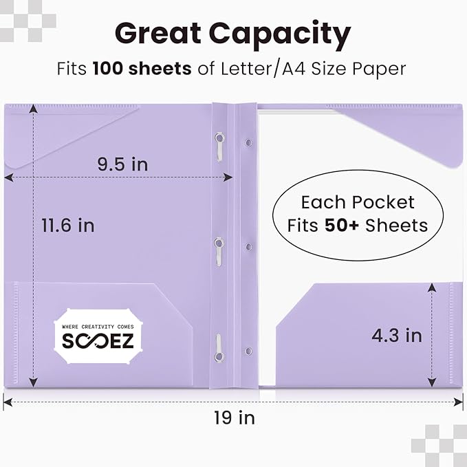 Sooez 6 Pack Plastic Folders with Pockets and Prongs, 3 Prong Folders with Pockets and Writable Label, Heavy Duty 2 Pocket Folder with Brads, Letter Size Prong Folder for School Office, Pastels Color