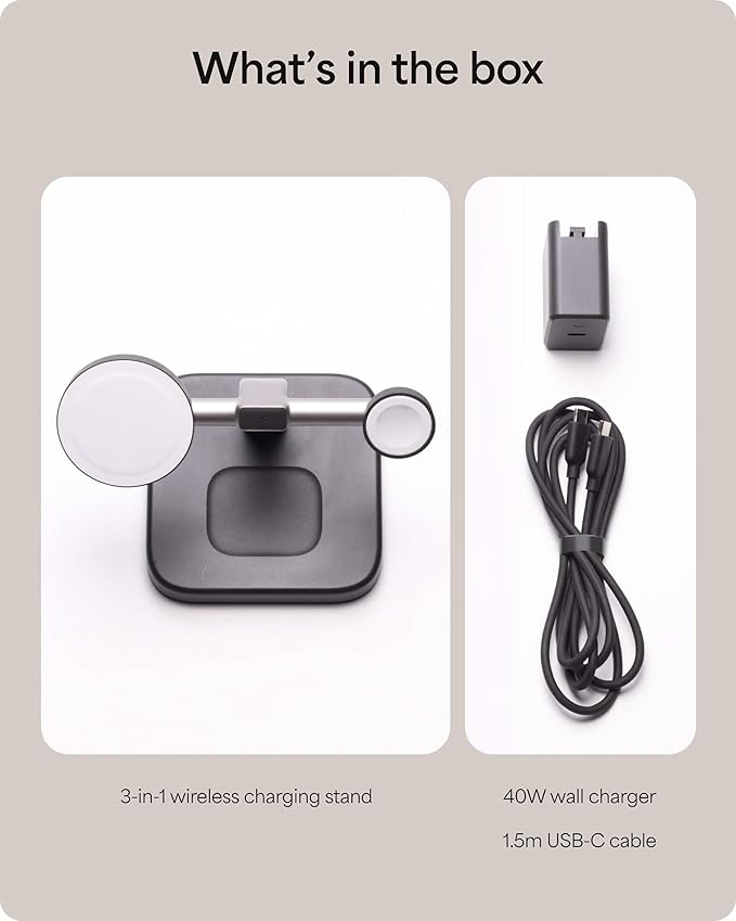 Mophie 3-in-1 Wireless Charging Stand - Qi2-Certified, MagSafe Charger for iPhone, Apple Watch & AirPods – Fast Charging Station with Adjustable Phone Stand & Cable Management – Up to 15W Power, Black