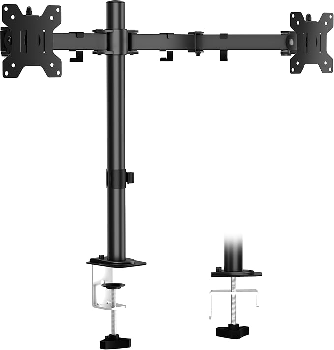 ERGOMAKER Dual Monitor Mount for Desk, Monitor Stand Holds 2 Computer Screens Fits 13" to 27", Heavy Duty Fully Adjustable Monitor Arm with C-Clamp and Grommet Base, VESA 75x75 100x100mm, Black