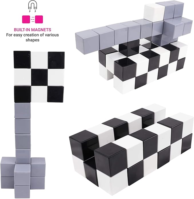 BrainSpark 48PCS Black White Grey DigitBlocks Magnetic Building Cube Set, Sensory STEM Education Preschool Magnet Toys for 3-9 Year Old Boys and Girls