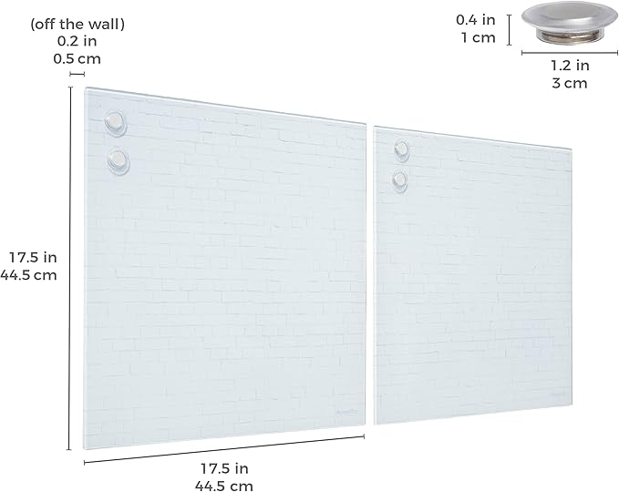 ECR4Kids MessageStor Magnetic Dry-Erase Glass Board with Magnets, 17.5in x 17.5in, Wall-Mounted Whiteboard, White Brick, 2-Pack