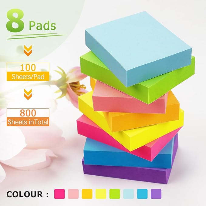 Winner Aura Sticky Notes 1.5x2 inch Bright Colors Self-Stick Pads 8 Pads/Pack 100 Sheets/Pad Total 800 Sheets