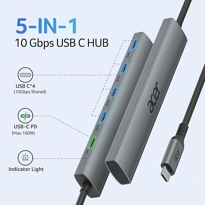 Acer 10 Gbps USB C Hub, USBC Splitter with 4*USB C 3.2 and 100W PD Port, Fast Transfer Type-C Multiport Adapter Compatible with MacBook Pro/M2/M1, iPad, Surface Pro, XPS【No Video Output】
