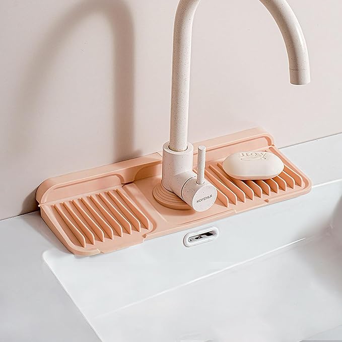 Button Style Faucet Drip Catcher – Silicone Faucet Mat for Kitchen Sink, Leak-Proof Splash Guard with 6° Slope, Behind Faucet Draining Mat, Easy Bathroom & Kitchen Gadgets (Pink, 14.5" x 5.5")