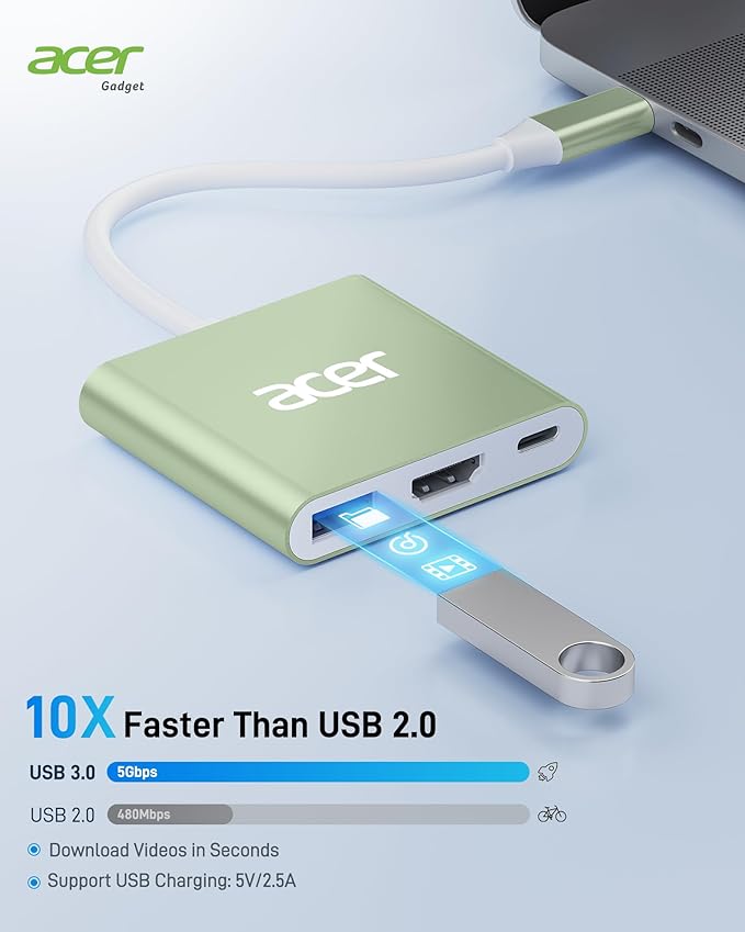 Acer USB C to HDMI Adapter, 4K USB C Hub with 100W PD, USBA 3.0 Port, HDMI to USBC Multiport Digital AV Converter for MacBook Pro/Air, iPad, Tablets, TV, Monitor and More (Green)