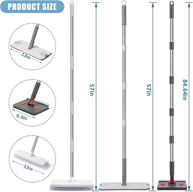 Mops for Floor Cleaning with 57" Long Handle, Scrub Brush, Baseboard Cleaner Tool with 84" Handle, 2 Reusable Pads, Wet and Dust Mopping for Hardwood, Laminate, Tile Floor, Skirting Board, 19Pcs Gray