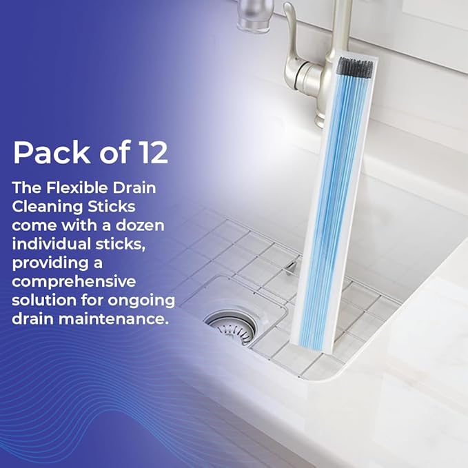 SAGEFINDS Flexible Drain Cleaning Sticks | Quickly Removes Clogs | Effective in Sinks, Tubs, Showers |Easily Pulls Out Hair and Filth | Long 19.5” Handle | Disposable | 12 Pack