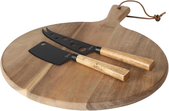 Gibson Home Gracious Dining 3 Piece Charcuterie Serving Board W/Stainless Cheese Knives and Round Acacia Wood Board