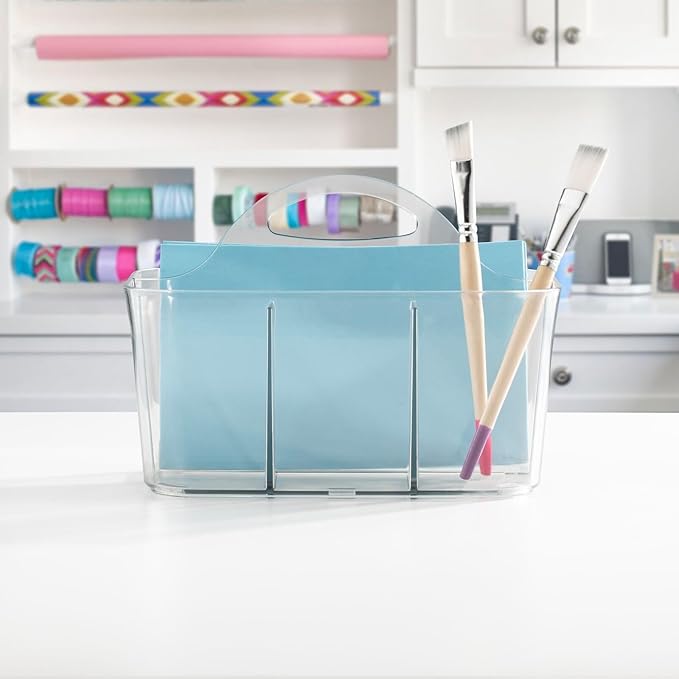 mDesign Plastic Portable Craft Storage Organizer Caddy Tote, Divided Basket Bin w/Handle - Craft, Sewing, Art Supplies - Holds Brushes, Colored Pencils - Lumiere Collection - Clear, 2 Pack