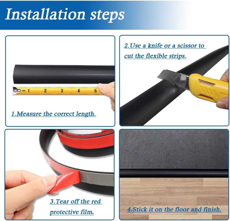 Floor Transition Strip Self Adhesive Carpet & Flooring Transitions Edging Trim Strip PVC Threshold Transitions Suitable for Threshold Height Less Than 10mm (6.56Ft, Black)