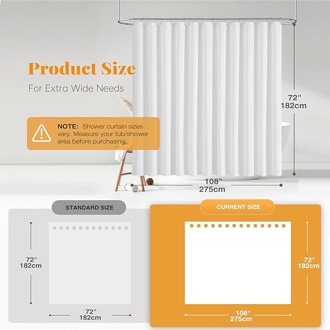 BTTN Fabric Shower Curtain, Linen Textured Heavy Duty Polyester Cloth Shower Curtain Set with Plastic Hooks, White, 108" W x 72" L (Pack of 1)