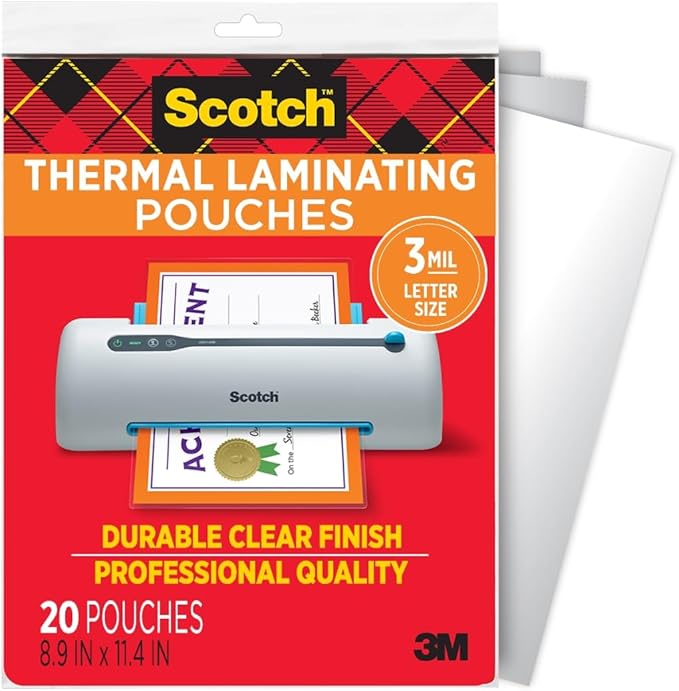 Scotch Thermal Laminating Pouches, Letter Size Laminating Sheets 8.9 x 11.4-Inches, 3 mil thick, 20-Pack, Clear