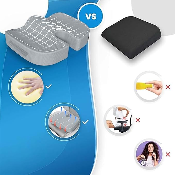Office Chair Seat Cushion,Premium Memory Foam Chair Cushion for Long Sitting,Tailbone,Back,Sciatica,Coccyx Pain Relief Pillow Hip Butt Pad Cushion -for Office Chair,Car Seat,Wheelchair (Grey)