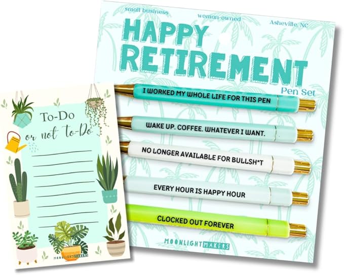Moonlight Makers Funny Pens and Notepad Stationery Set - Set of 5 Happy Retirement Engraved Ballpoint Pens with Black Ink, To Do Or Not To Do Notepad, Cute Desk Supplies & Funny Work Gifts for Women
