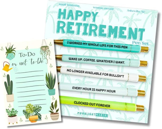 Moonlight Makers Funny Pens and Notepad Stationery Set - Set of 5 Happy Retirement Engraved Ballpoint Pens with Black Ink, To Do Or Not To Do Notepad, Cute Desk Supplies & Funny Work Gifts for Women