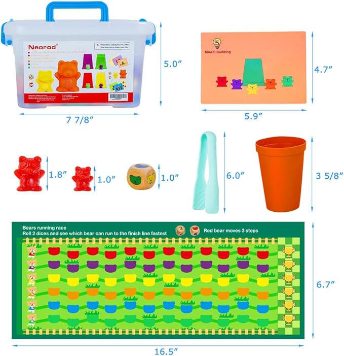 NEOROD Counting Bears - 90 Pcs Color Sorting Toys for Toddlers 1-3 & Preschool Learning Toys with Stacking Cups,Math Manipulatives with 2 Tweezers, 2 Dices, 12 Activity Cards & Storage Container