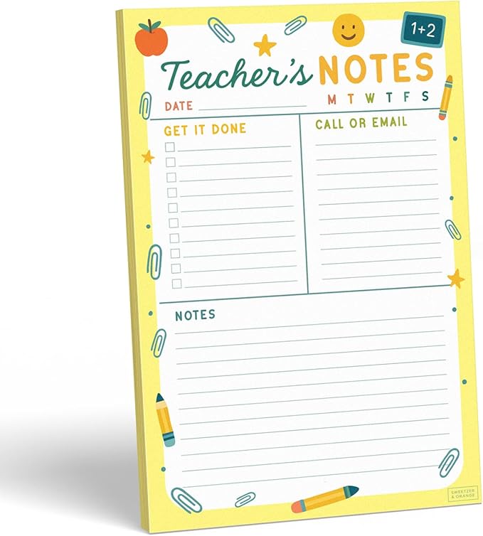 Sweetzer & Orange Teacher Planner Pad – Weekly Undated Lesson Planner for Teachers – 60 Tear-Off Sheets – 9” x 6” Compact Desk Notepad with Notes and Contact Section – Bright Yellow Border