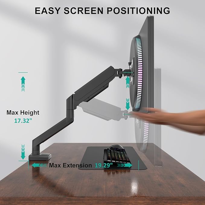 WALI Single Monitor Mount for 13-34 inch Screens, Adjustable Gas Spring Single Monitors Arm, Regular Screen up to 32 inch, 26.4lbs, Computer Monitor Stand for Desk, VESA 75/100mm (GSMP001N), Black