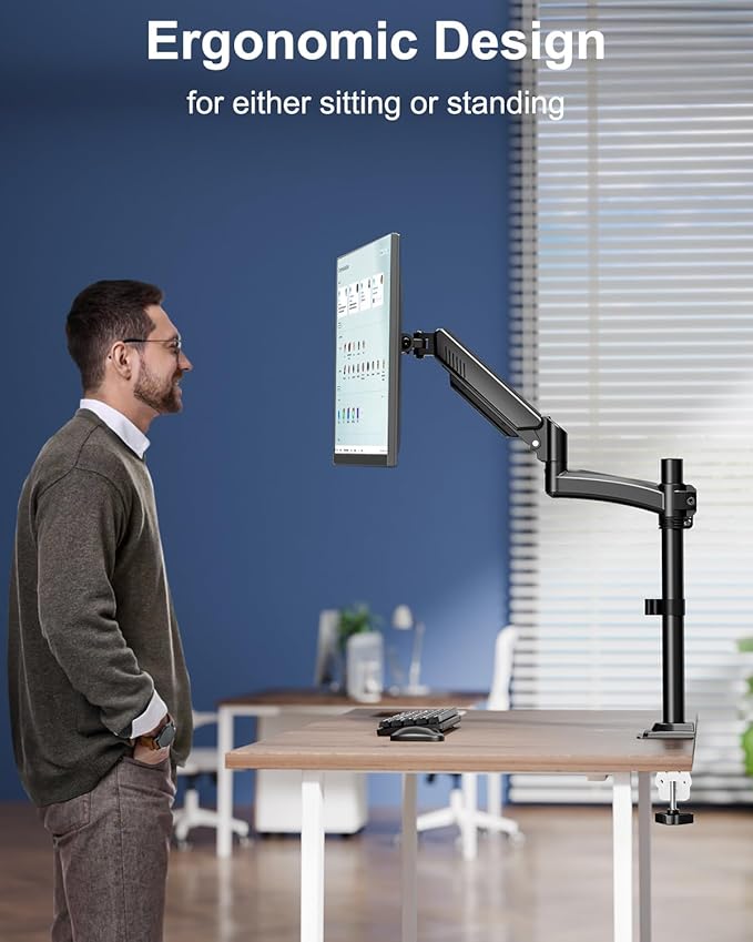 Single Monitor Mount Arm, VESA Desk Mount Stand for 13-32 inch Computer Screen up to 22 lbs, Adjustable Height Tall Monitor Arm with Tilt Swivel Rotation, VESA 75 100mm, Black, Freelift