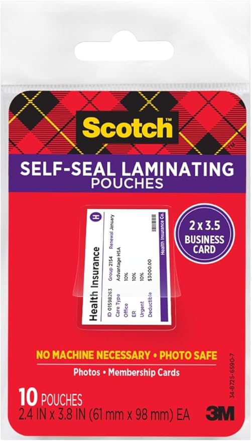 Scotch Self-Sealing Laminating Pouches, Business Card Size 2.4 in x 3.8 in, Great for Gift Tags, 10-Pack