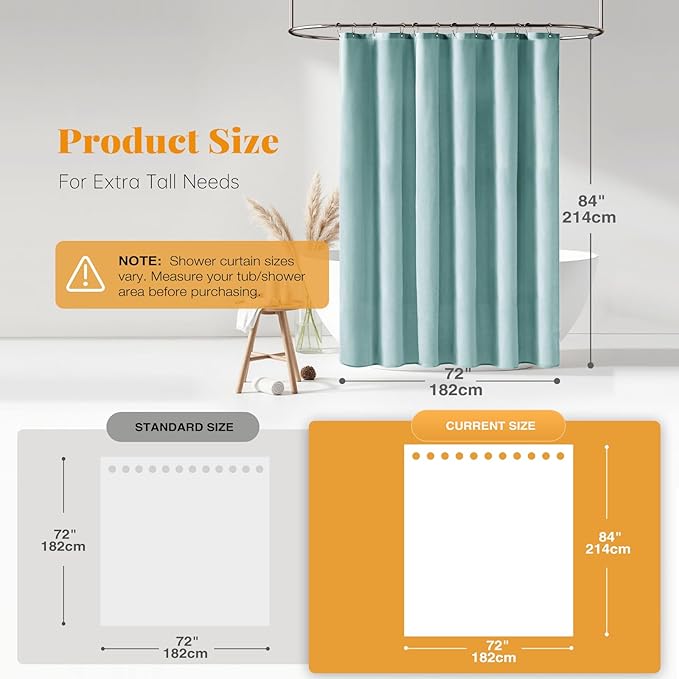BTTN Extra Long Shower Curtain - 84 Inch Linen Textured Heavy Duty Fabric Shower Curtain Set with 12 Hooks, Turquoise Tall Luxury Simple Waterproof Cloth Shower Curtains for Bathroom - 72x84 -Teal