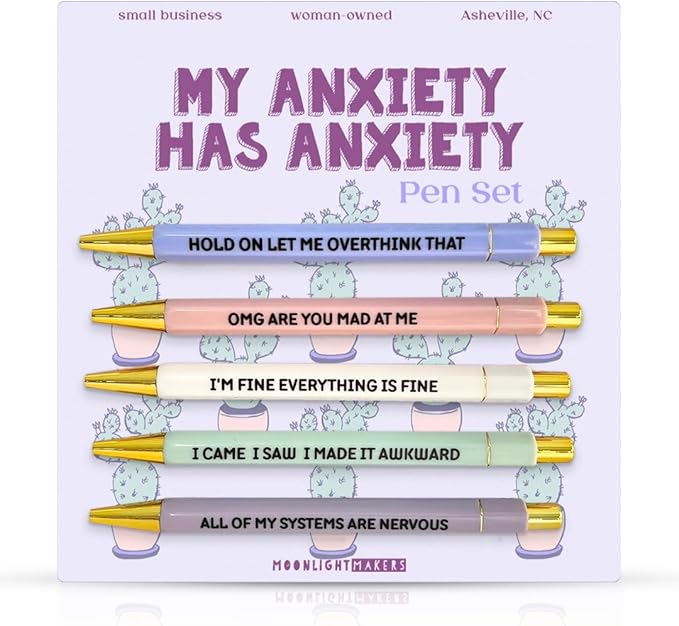 Moonlight Makers Funny Pens and Notepad Stationery Set - 5 My Anxiety Has Anxiety Engraved Ballpoint Pens, Black Ink, I Came I Saw I Made A List Notepad, Cute Desk Supplies, Funny Work Gifts for Women