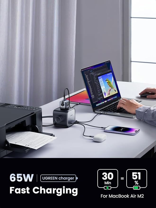 UGREEN 65W USB-C Charging Station with AC Outlet, Nexode 7-in-1 GaN Power Strip for Home, Office and Travel, with 3 AC, 2 USB C & 2 USB A, 6ft Extension Cord, for MacBook Pro, iPhone 16 Pro and More