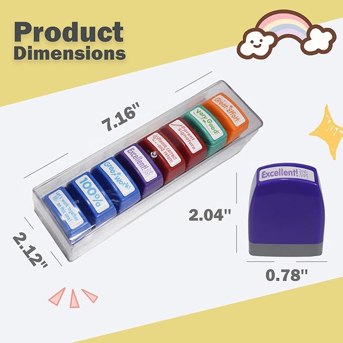 8-Pcs Self-Inking Teacher Stamps for Classroom – Colorful Motivational Stamps Set with Transparent Storage Box, Perfect for Grading Homework, Rewards & Parent Signatures (Rainbow)