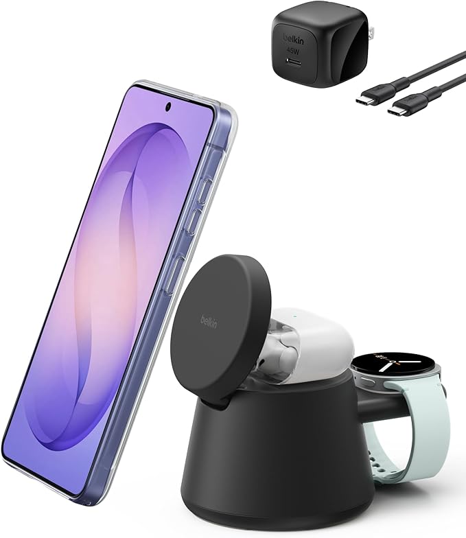 Belkin 3-in-1 Wireless Charging Station for Samsung Galaxy S26, Android - Qi2.2 25W Magnetic Charger for Pixel 10, iPhone 17, USB C Port for Galaxy, Pixel, & Apple Watch (Watch Charger Not Included)