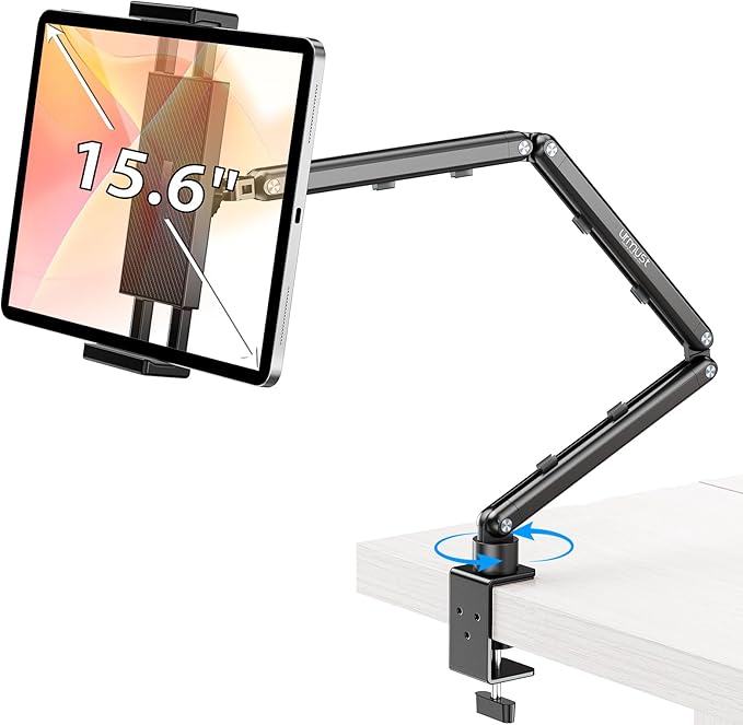 Urmust Tablet Stand for Desk, Adjustable iPad Holder Clamp Mount, 360° Rotation, Sturdy Aluminum Tablet Arm Mount for 4.7"-15.6" iPad Pro/Air/Mini, iPhone, Galaxy Tab, for Kitchen, Work, Video Call