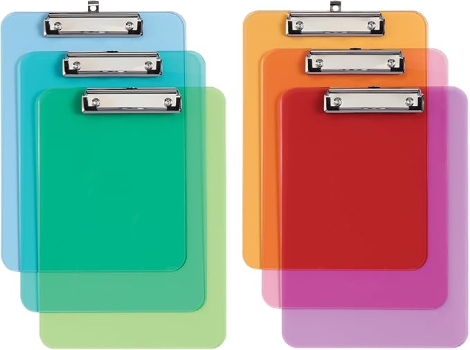 Oxford Plastic Clipboards, Metal Clip with Plastic Corners, Writing Surface with Hanging Loop, Assorted Colors, 12.5" x 9", 6 Pack (25402)