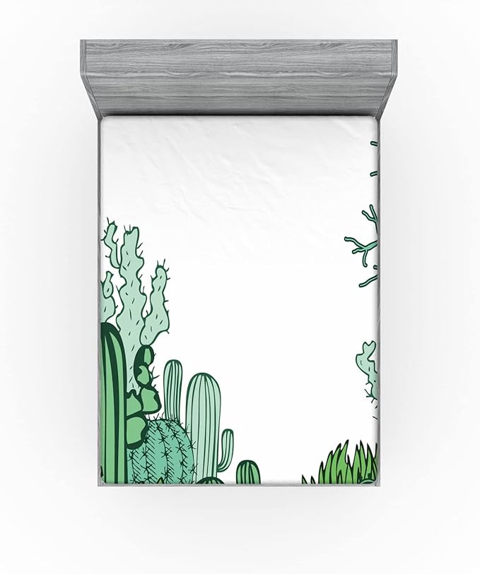 Ambesonne Cactus 2 Pack Fitted Sheet, Arizona Doodle Desert, Bed Cover All-Round Elastic Deep Pockets 2 Pieces, Package Contains 2 Queen Size Fitted Sheets, Green Pale Green Seafoam