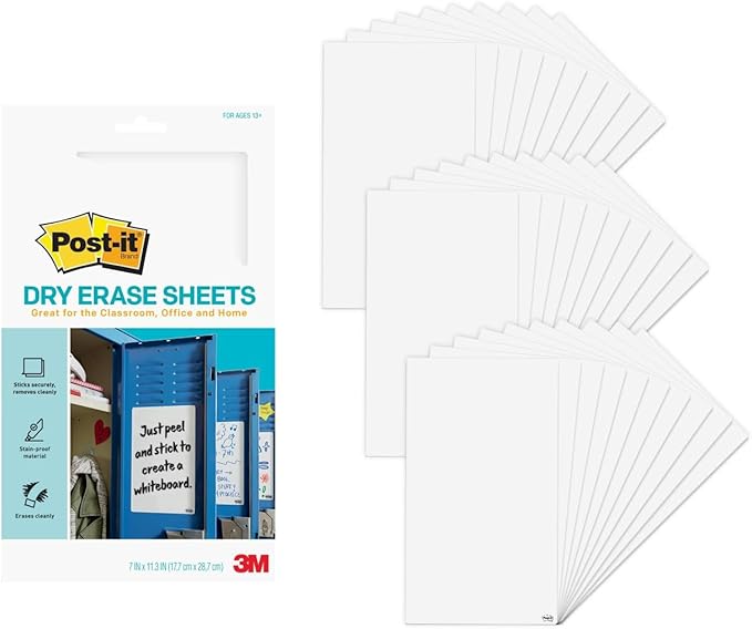 Post-it Dry Erase Sheets, 7 in x 11.3 in, 30 Sheets, Sticks Securely and Removes Cleanly (DEFSHEETS-30PK)