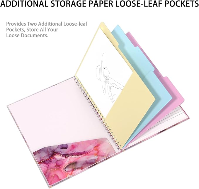 Rimilak Spiral Clipboard Folio with Refillable Lined Notepad, 14.5 x 9.8 in, Hardcover Cover with 5 Interior Pockets, Elastic Band and Pen Loop Series. Cute Stylish Clipfolio, Pink Gold Marble