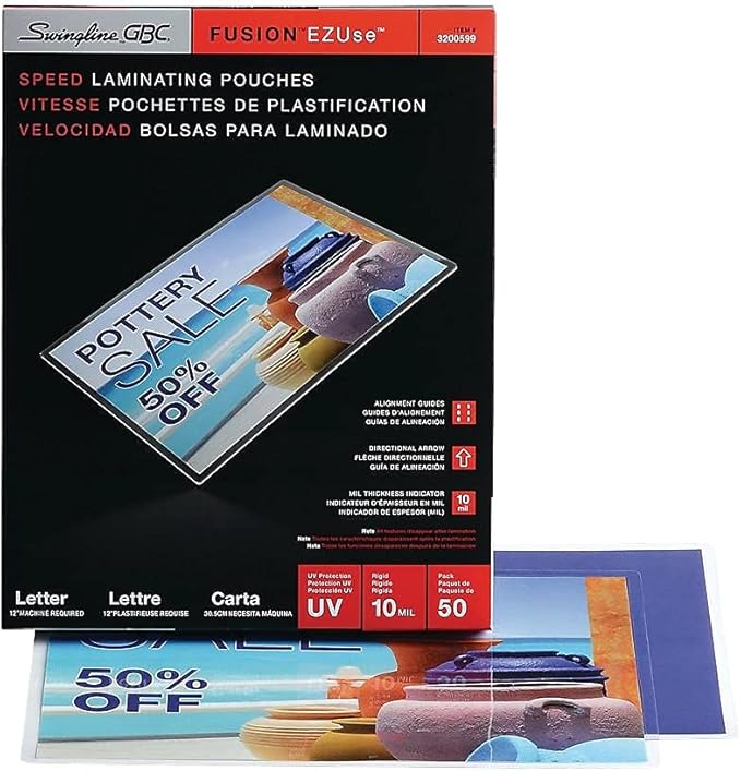GBC Laminating Sheets, Thermal Laminating Pouches, Letter Size, 10 Mil, Speed Format, EZUse, 50 Pack (3200599)
