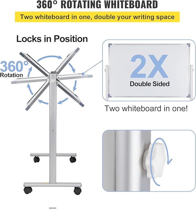 VEVOR Mobile Magnetic Whiteboard, 36 x 24 Inch, Double Sided, 360 Degree Reversible Rolling Dry Erase Board, Height Adjustable with Aluminum Frame and Lockable Swivel Wheels, for Office School Home