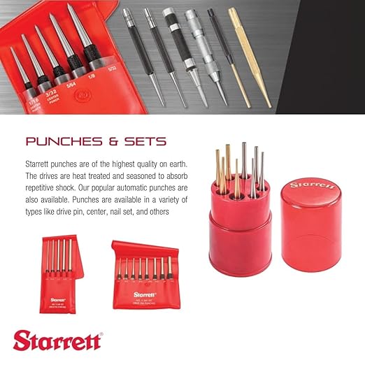 Starrett Drive Pin Punch with Knurled Grip for Driving Pins Into or Out of a Workpiece - Hardened and Tempered Steel, 4" Length, 1/4" Punch Diameter - 565G