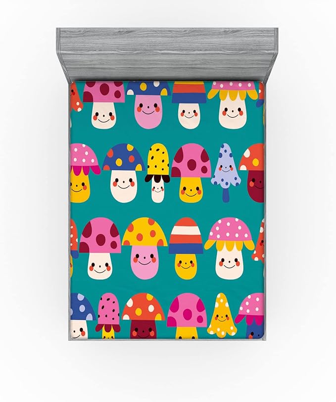 Ambesonne Mushroom 2 Pack Fitted Sheet, Shapes and Dots, Bed Cover All-Round Elastic Deep Pockets 2 Pieces, Package Contains 2 Queen Size Fitted Sheets, Dark Seafoam Multicolor