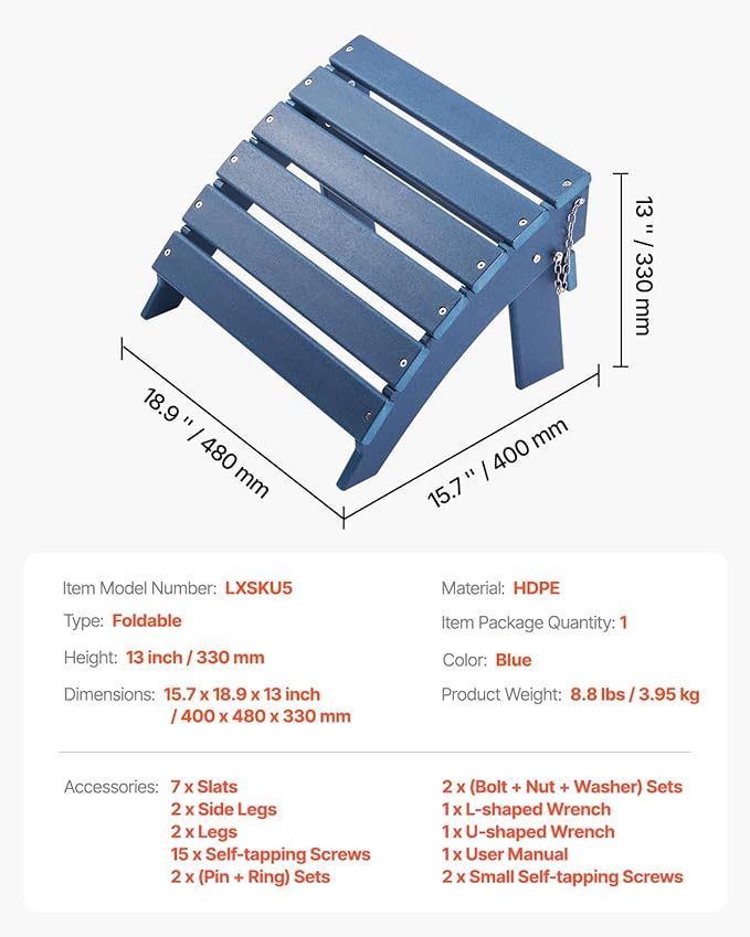 VEVOR Adirondack Ottoman, 15.7L x 18.9W x 13H Inch HDPE Plastic Folding Adirondack Ottoman, Weather-Resistant Foot Rest for Adirondack Chair, Widely Used for Outside Porch Pool Lawn Backyard, Blue
