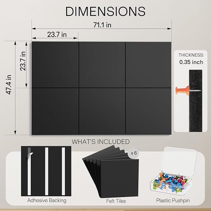 MaxGear Extra Large Cork Board for Wall 72" x 48", Black Bulletin Board, 6 Pack Felt Wall Tiles with Pushpins, Cork Boards for Office Push Pin Board Tack Board Felt Board
