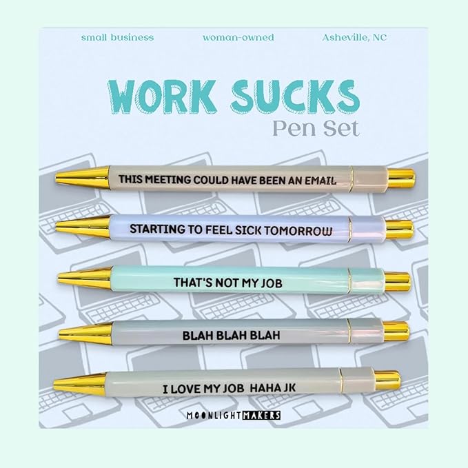 Moonlight Makers Funny Office Supplies Gift Set - Work Sucks Pen Set, Fires To Put Out Notepad, Employee Of The Month Zipper Pouch - Cute Stationery Sets for Women, Funny Gifts for Friends & Coworkers