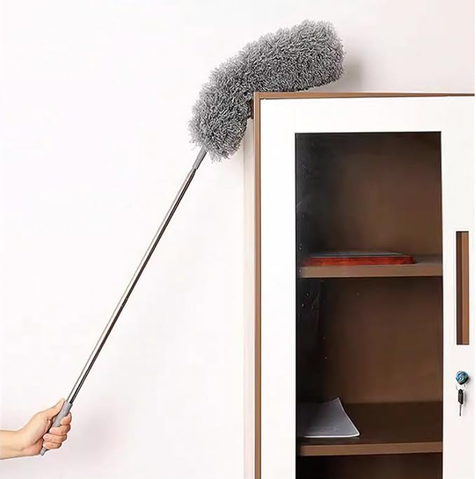 Microfiber Cobweb Duster with 16-100 Inch Extension Pole, Washable Cleaning Duster Kit with 2 Duster Heads Bendable Washable Head Ceiling Fan Duster for High Ceilings, Blinds, Furniture & Car Cleaning